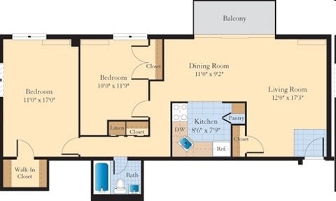 Floor plan for 2 beds, 1 bath, 896 sqft